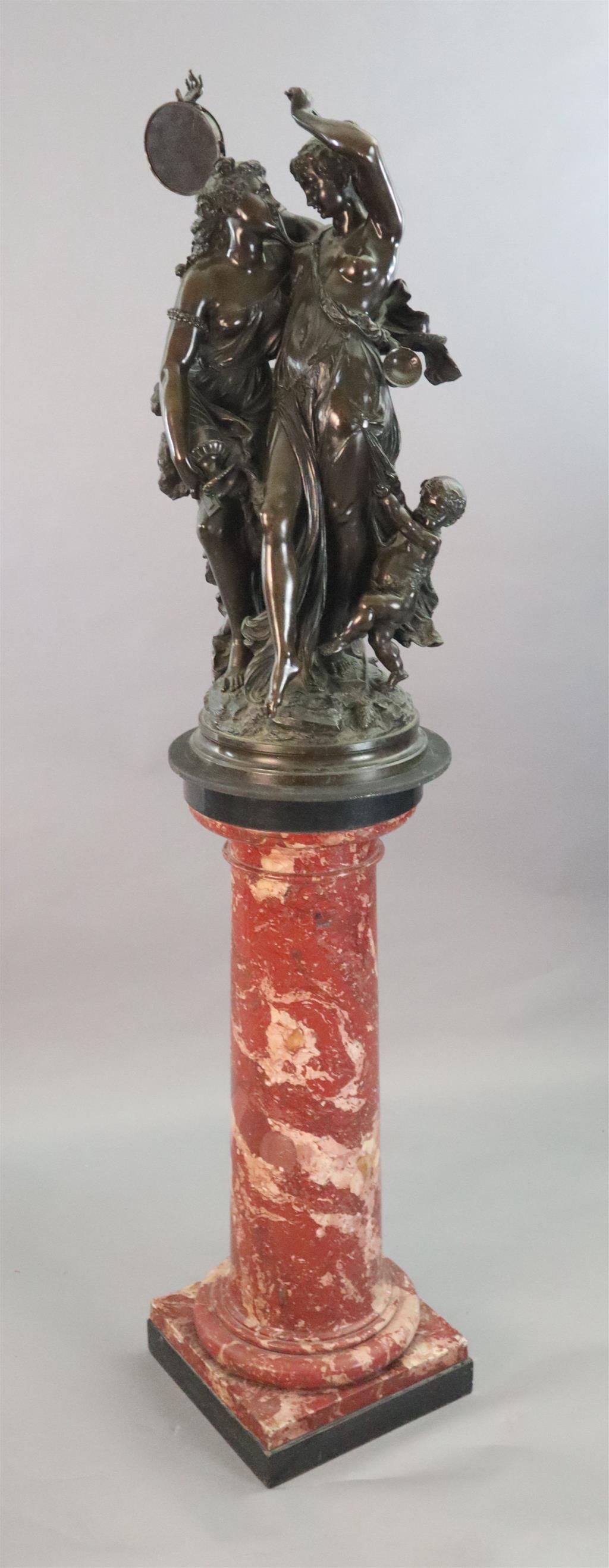 After Claude Michel Clodion (French 1738-1814). A bronze group of two Bacchantes and a putto, total height 6ft 2.5in.